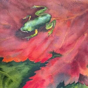 Original Watercolor Painting Tree Frog On Maple Leaf, 11"X15"